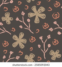 Seamless pattern with flowers on a dark brown background. Abstract modern geometric pattern.