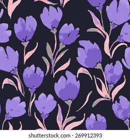 Seamless pattern with flowers on a dark background. Watercolor graphic which can be used as wallpaper