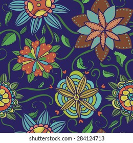 Seamless pattern with flowers on dark blue background
