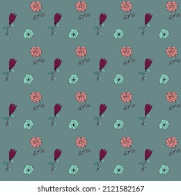 Seamless pattern with flowers on an emerald background.