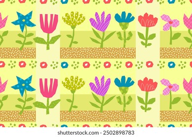 Seamless pattern with flowers on geometric background. Ethnic floral pattern. Tulips, cornflowers and periwinkle on yellow background. Summer motifs. Vector illustration