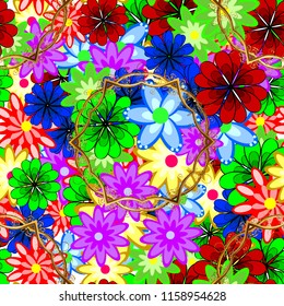 Seamless pattern with flowers. Flowers on green, red and blue colors. Hand drawn. Watercolor illustration.