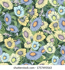 seamless pattern of flowers on a green background