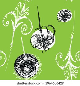 Nahtloses Muster mit Blumen auf grünem Hintergrund. Vektorgrafik zum Verpacken von Papier, Stoffdruck, Tapete.