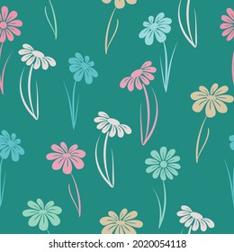 Patrón sin foco con flores sobre fondo verde