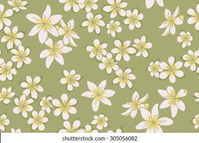 Seamless pattern with flowers on green background. Vector illustration