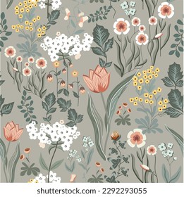 Seamless pattern of flowers on grey background