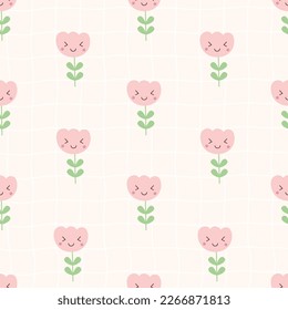 Flores de patrón sin inconvenientes sobre el fondo de la malla Diseño dibujado a mano en estilo de caricatura Utilizado para textiles, impresiones de moda, papel pintado, ilustraciones vectoriales