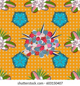 Seamless pattern with flowers on motley background. Vector illustration of blue and green flowers.