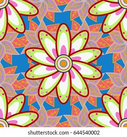 Seamless pattern with flowers on motley background. Vector illustration of blue flowers.