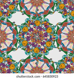 Seamless pattern with flowers on motley background. Vector illustration of blue and pink flowers.