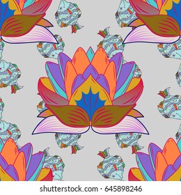 Seamless pattern with flowers on motley background. Vector illustration of blue flowers.