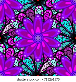 Seamless pattern with flowers on motley background. Vector illustration of purple, black and violet flowers.