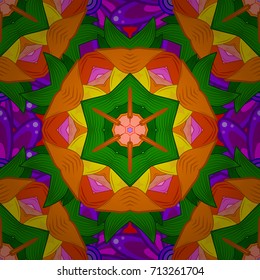 Seamless pattern with flowers on motley background. Vector illustration of orange, green and yellow flowers.
