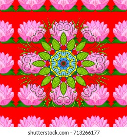 Seamless pattern with flowers on motley background. Vector illustration of red, pink and green flowers.