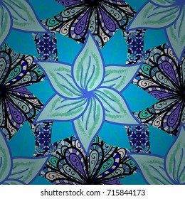 Seamless pattern with flowers on motley background. Vector illustration of blue, neutral, black and pink flowers.