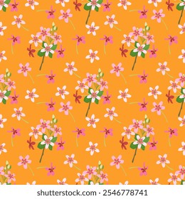 Seamless pattern with flowers on orange background. Floral texture for wallpaper, fabric, wrapping, clothing, illustration, print.