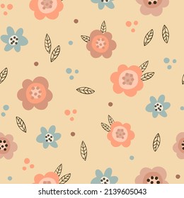 Seamless pattern with flowers on pastel yellow background. Spring digital background with vector hand drawn elements. Seamless pattern for kids fabric, textile and scrapbook paper.
