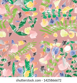 seamless pattern. Flowers on a pink field. Leaves and flowers.