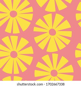 Patrón de flores en un fondo rosado. Imagen vectorial de las flores amarillas abstractas.
