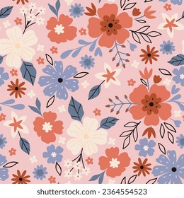 Seamless pattern with flowers on a pink background. Vector graphics.