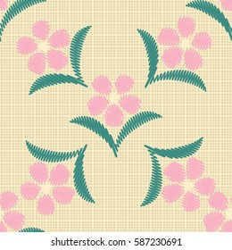 Seamless pattern. Flowers on a plaid background. Imitation embroidery. Wallpaper for children. Flat.