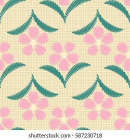 Seamless pattern. Flowers on a plaid background. Imitation embroidery. Wallpaper for children. Flat.