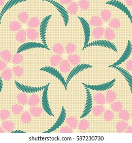 Seamless pattern. Flowers on a plaid background. Imitation embroidery. Wallpaper for children. Flat.