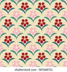 Seamless pattern. Flowers on a plaid background. Imitation embroidery. Wallpaper for children. Flat.