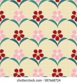 Seamless pattern. Flowers on a plaid background. Imitation embroidery. Wallpaper for children. Flat.