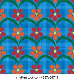 Seamless pattern. Flowers on a plaid background. Imitation embroidery. Wallpaper for children. Flat.