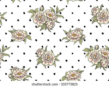 Seamless pattern with flowers on the polka dot background. Floral background with peonies