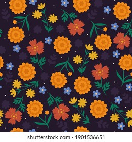 Patrón sin foco con flores sobre un fondo morado. Gráficos vectoriales.