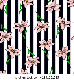 Seamless pattern with flowers on a striped background. 