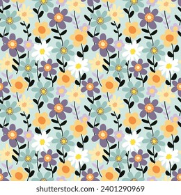 Seamless pattern with flowers on a turquoise background. Vector illustration doodle style.