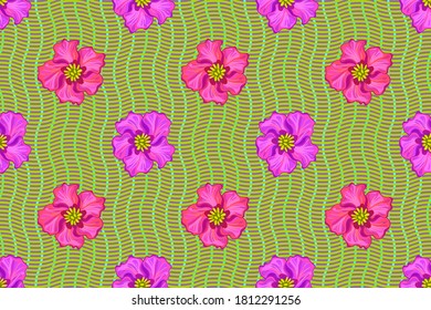 Patrón sin foco con flores sobre fondo ondulado. Repetir el patrón abstracto de ondulación floral. Ilustración vectorial.