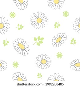 Seamless pattern with flowers on a white background in cartoon style, vector illustration with daisy for children