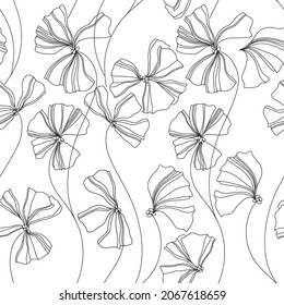 Patrón sin foco con flores sobre fondo blanco. Ilustración vectorial monocroma. Fondo floral. Perfecto para plantillas de diseño, papel pintado, envoltura, tela y textil.