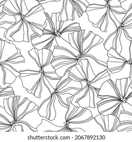 Patrón sin foco con flores sobre fondo blanco. Ilustración vectorial monocroma. Fondo floral. Perfecto para plantillas de diseño, papel pintado, envoltura, tela y textil.