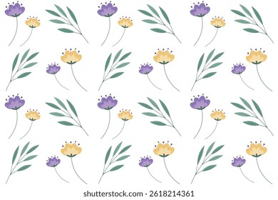 Seamless pattern with flowers on white  background.Floral spring backdrop.Texture with simple flat flowers and twigs.Pattern for fabric,textile,wrapping,post cards,design.Vector illustration.