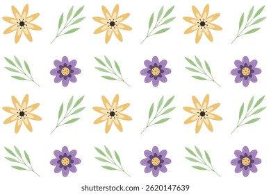 Seamless pattern with flowers on white  background.Floral spring backdrop.Texture with simple flat flowers and twigs.Pattern for fabric,textile,wrapping,post cards,design.Vector illustration.