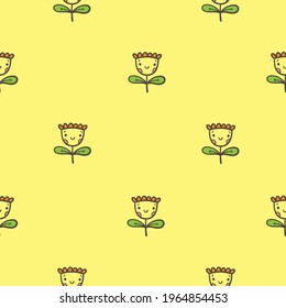 Seamless pattern with  flowers on yellow background. Vector print with herbs. Botanical doodle wallpaper.