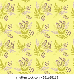 Seamless pattern with flowers on yellow background. Vector spring and summer background.