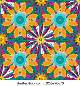 Seamless pattern of flowers in a orange, blue and yellow colors. Imitation embroidery. Vector textile print template fashion paisley field wallpaper art.