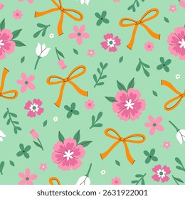 Patrón sin fisuras de flores y lazos naranjas. Gráficos de Vector.