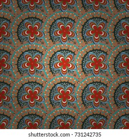 Seamless pattern of flowers in a orange, green and blue colors. Imitation embroidery. Vector textile print template fashion paisley field wallpaper art.