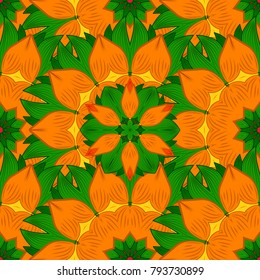 Seamless pattern with flowers. Orange, green and yellow colors. Mandala vector floral flower oriental coloring book page outline template carpet.