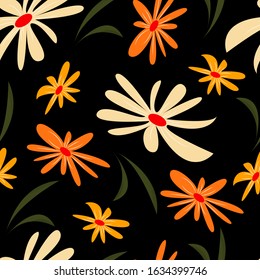 Seamless pattern with flowers in orange tones on a black background. Vector. Suitable for wrapping paper, covers, wallpapers. For packaging design. Spring mood