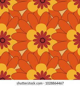 Seamless pattern of flowers in a orange, yellow and red colors. Imitation embroidery. Vector textile print template fashion paisley field wallpaper art.
