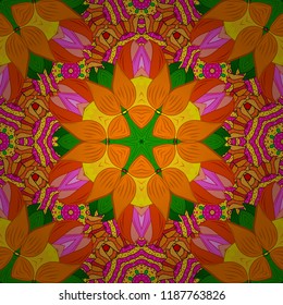 Seamless pattern with flowers. Orange, yellow and green colors. Mandala vector floral flower oriental coloring book page outline template carpet.